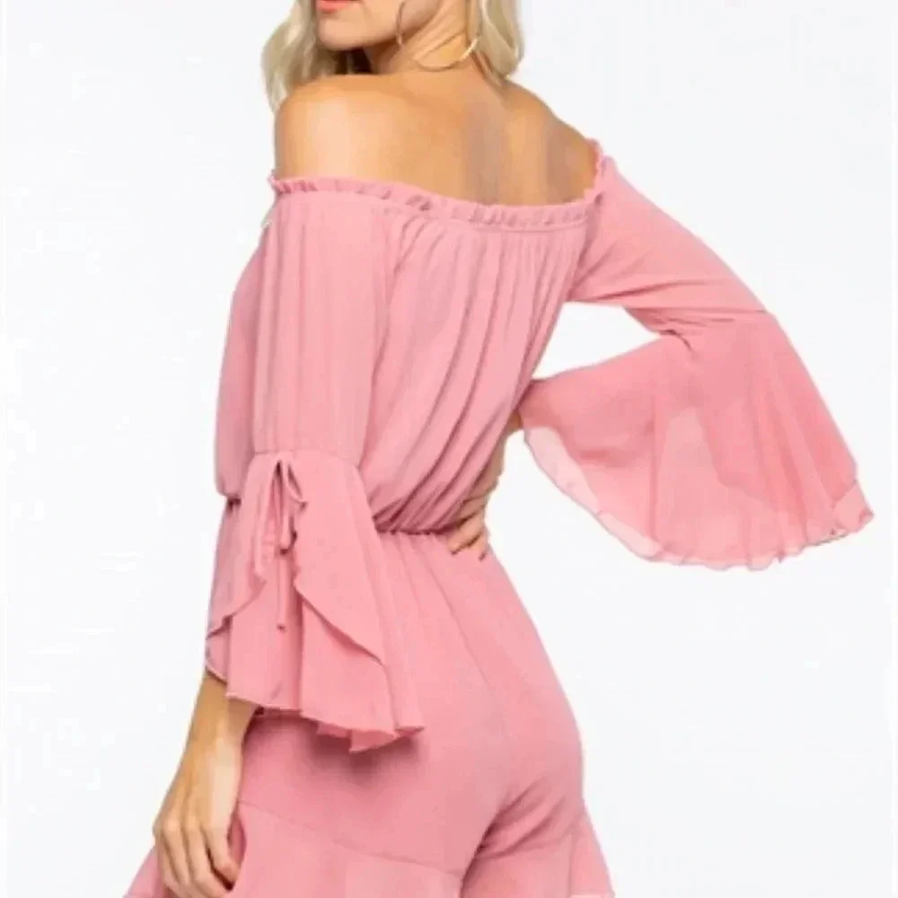 Papaya Pink‎ Off The Shoulder Romper Tiered Bell Sleeve Ruffle Hem Summer Boho